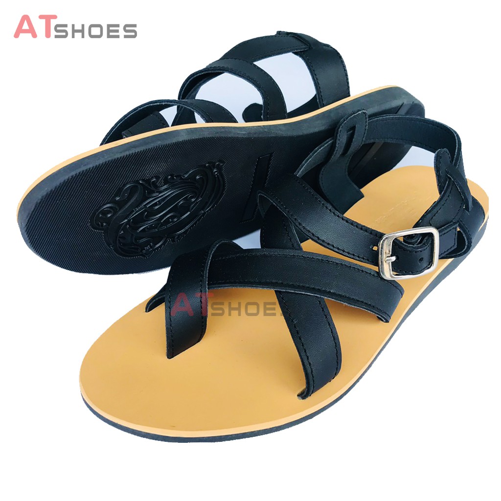 Dép Sandal Unisex cao cấp Da Bò Thật Sandal xỏ ngón nam nữ chuẩn kiểu Hàn Quốc Trẻ Trung Atshoes AT40(Đen Đế vàng)