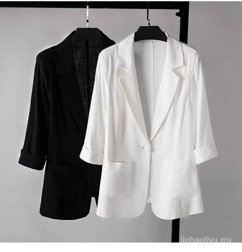 Áo Khoác Vest Tay Lỡ 3 / 4 Bằng Cotton Lanh Mỏng Dáng Ôm Thời Trang Mùa Hè Phong Cách Hàn Quốc Cho Nữ