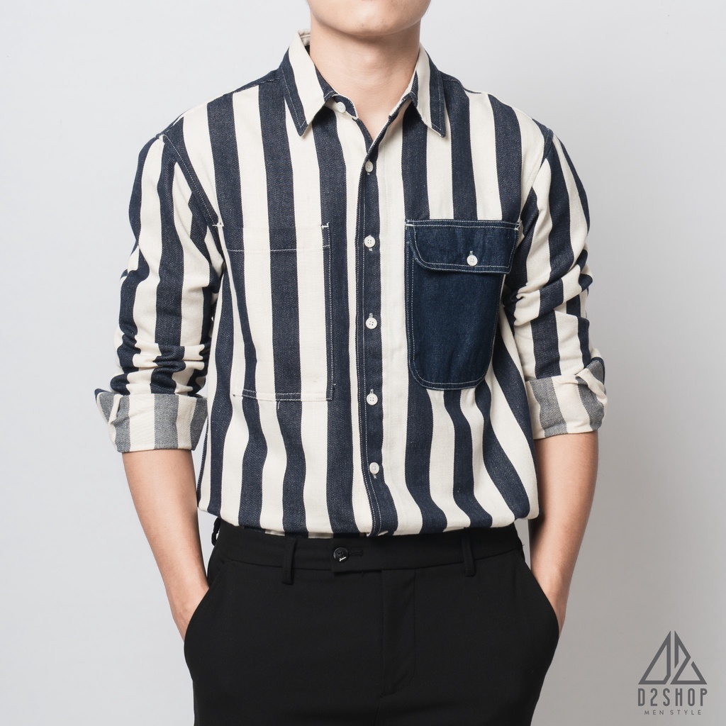 Áo sơ mi nam D2shop, áo sơ mi nam dài tay, túi hộp, kẻ sọc to, sọc xanh