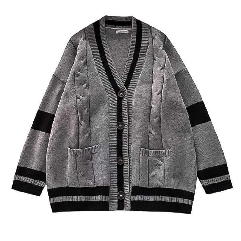 Áo khoác cardigan xám viền đen chất len dày dặn