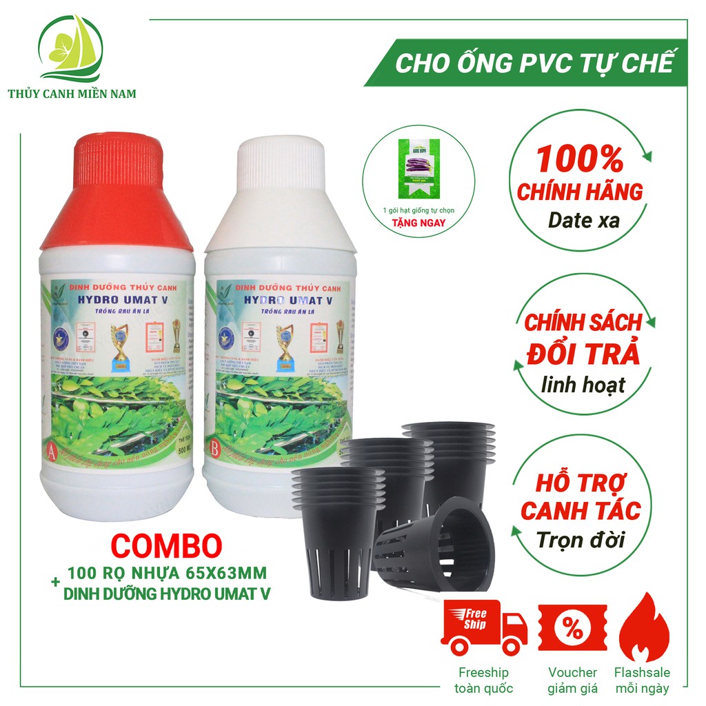 100 rọ nhựa trồng rau thủy canh cho ống PVC 90 + 1 Cặp dinh dưỡng cho rau ăn lá HidroUmat V tặng kèm 1 bịch hạt giống