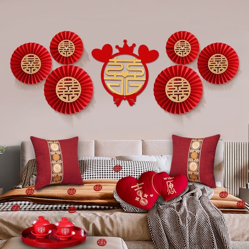 Set 6 quạt giấy đỏ đám cưới chữ hỷ party fans trang trí phòng cưới