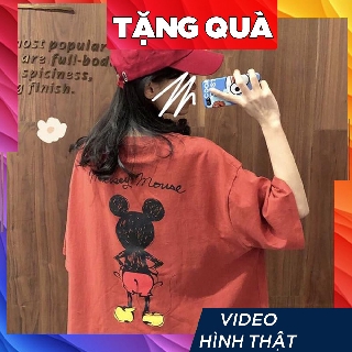 Áo thun tay lỡ freesize  nữ phông form rộng Unisex, mặc lớp, nhóm, cặp in mickey màu cam đất