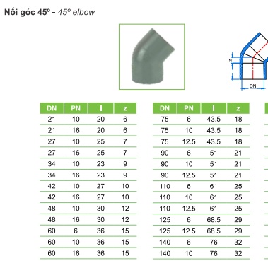 CHẾCH PVC 42 MM- NỐI GÓC 45° SIZE 42 MM- NHỰA TIỀN PHONG PN10