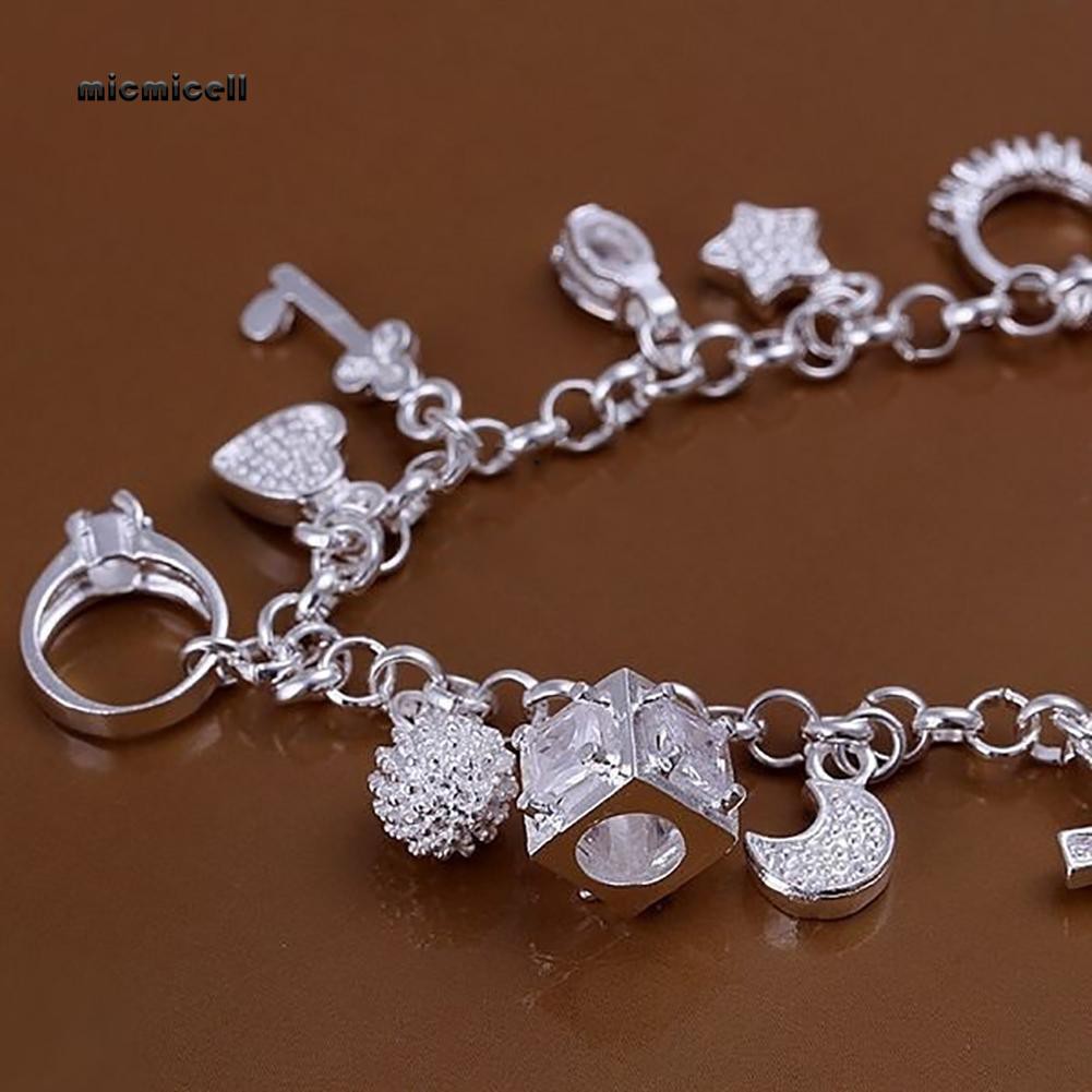 Vòng tay mạ bạc đính 13 hạt charm hình thánh giá, mặt trăng và ngôi sao xinh xắn cho nữ