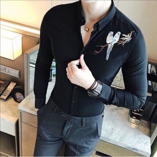 Áo sơ mi nam cổ bẻ màu đen thêu chim ms20