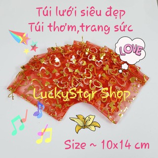 Bao Túi Thơm / Túi Đựng Trang Sức vải voan lưới, size 10 x 14 cm, hoa văn hình tim kim tuyến vàng xinh xắn, đáng yêu.
