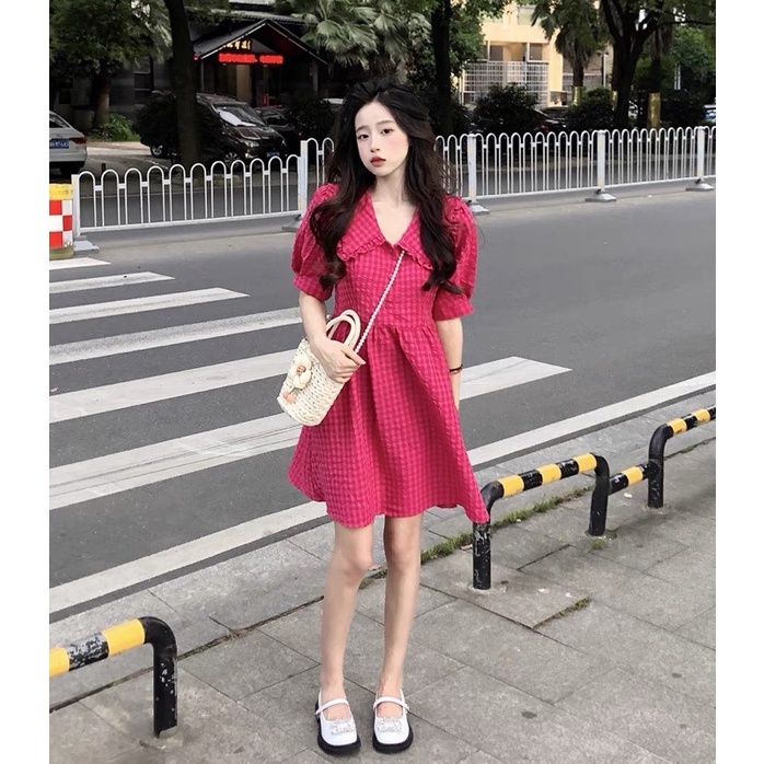 Váy Babydoll Kẻ Hồng Dáng Ngắn Siêu Xinh