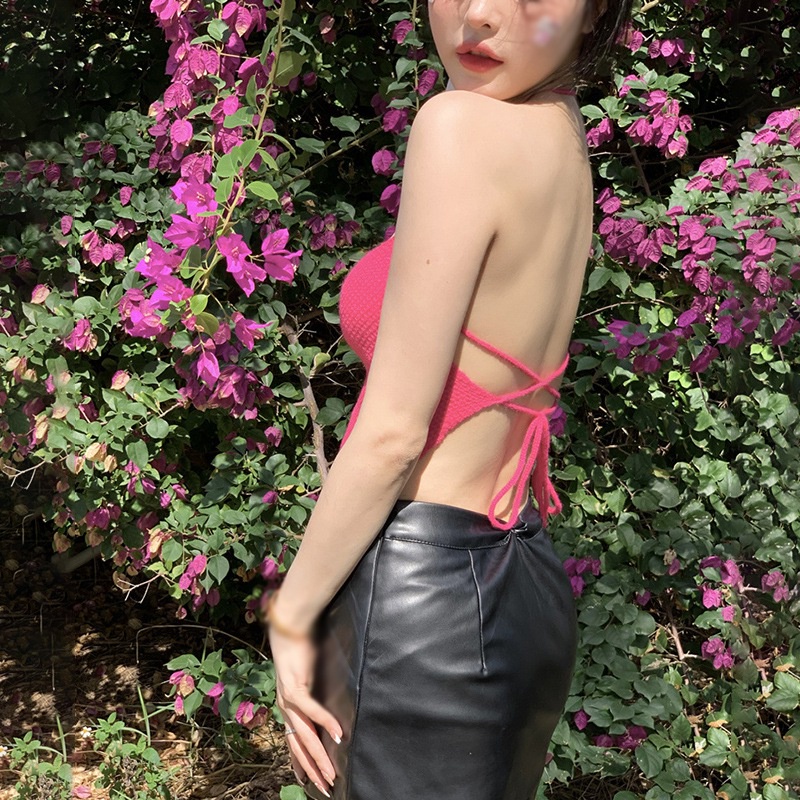 Áo Croptop Hai Dây Màu Trơn Cột Dây Hở Lưng Phong Cách Hàn Quốc Thời Trang Cho Nữ