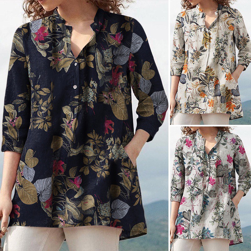 Áo Kiểu ZANZEA Cotton Tay Dài Cổ Chữ V Đơn Giản Thời Trang Cho Nữ