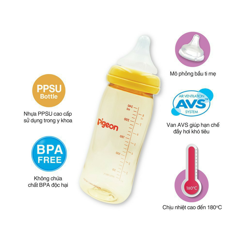 [Mã FMCG8 giảm 8% đơn 500K] Bình sữa cổ rộng PPSU Plus Pigeon 160ml/ 240ml