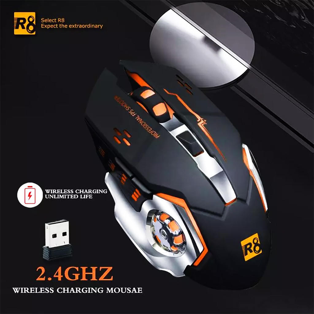 Chuột không dây máy tính R8 1710A màu  đen, có đèn led MOUSE WIRELESS LED R8 1710A không dây