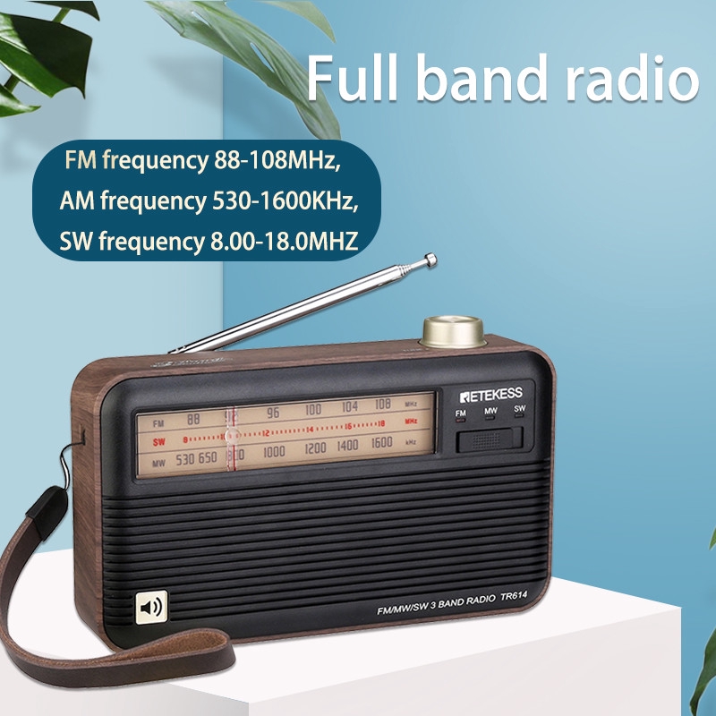 Radio FM/MW/SW Retekess TR614 3 băng tầng hỗ trợ tai jack tai nghe 3.5mm cổng sạc USB họa tiết vân gỗ cổ điển