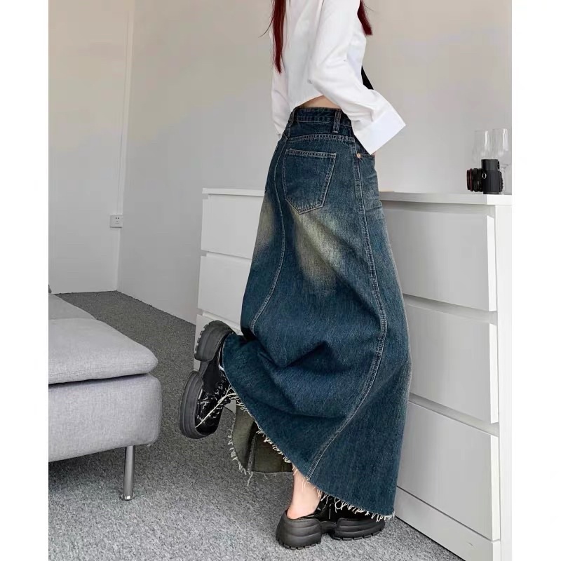 Chân váy jeans vintage dáng dài