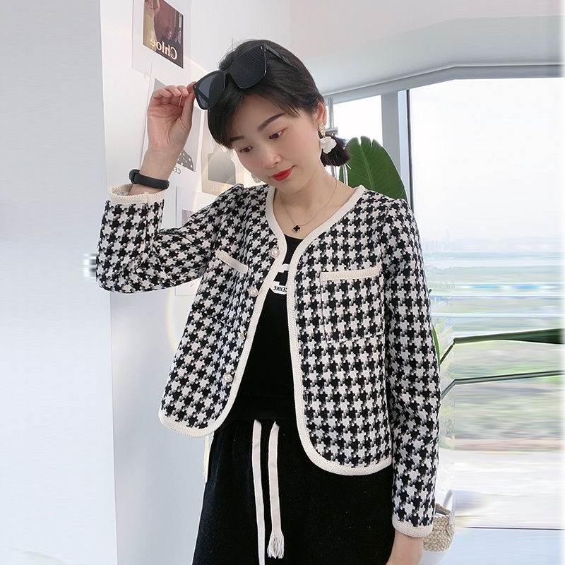 Áo Khoác Cardigan Dáng Ngắn Sọc Ca Rô Màu Tương Phản Thời Trang 2022 Cho Nữ