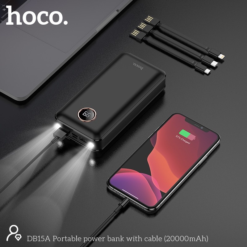 Pin sạc dự phòng Hoco DB15A 20000mAh 2 input, 2 output, kèm 3 cáp sạc, chức năng đèn pin (Đen) - Hãng phân phối