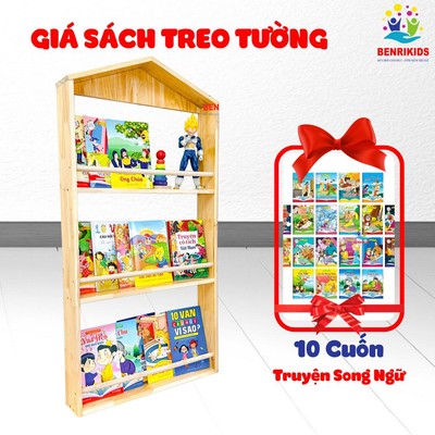 Giá Trưng Bày Để Sách Treo Tường Cho Bé Bằng Gỗ Benrikids Kèm 10 Cuốn Truyện Song Ngữ Anh Việt