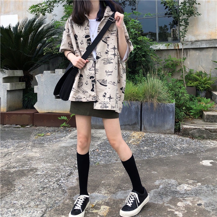 COZOK Áo Sơ Mi Ngắn Tay Cổ Bẻ Form Rộng Phong Cách retro Hàn Quốc