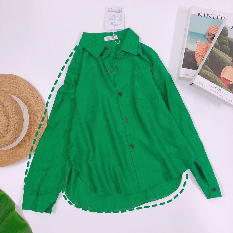 Sơ Mi Nữ Tay Dài Fom Rộng Màu Xanh Lá Chất Mát - Jancaroshop