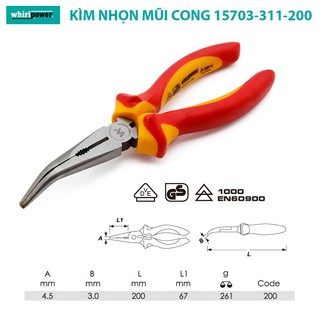 Kìm nhọn mũi cong 8” cách điện 1000v whirlpower 15703-311-200