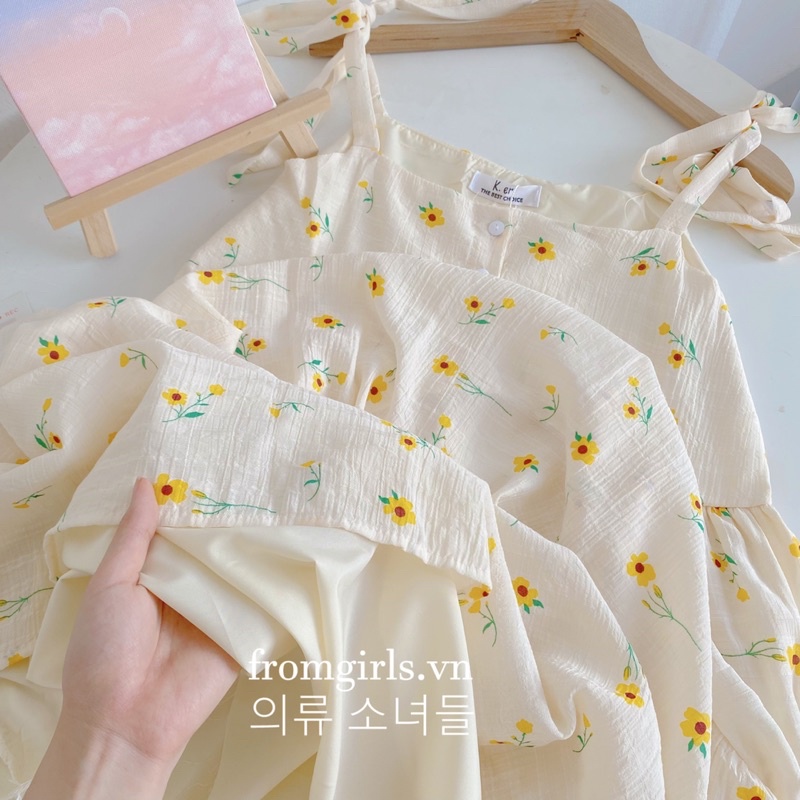 Đầm maxi đi biển, váy hoa nhí 2 dây dáng rộng 2 lớp buộc nơ vai fromgirls.vn - V80