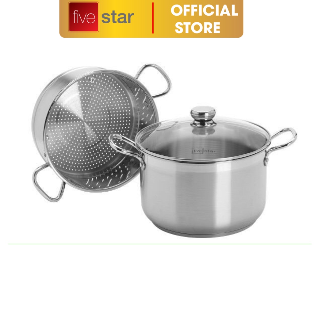 Bộ nồi xửng hấp 3 đáy inox 430 Fivestar nắp kính (26cm/28cm/30cm/32cm) tặng 2 vá canh.