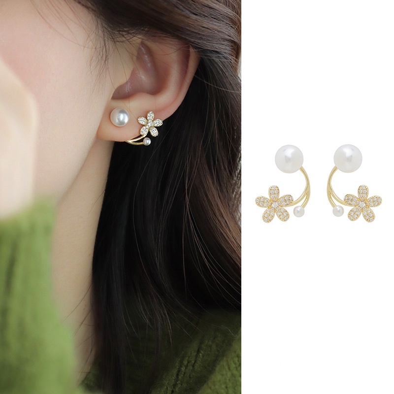 Bông Tai Hình Hoa Mạ Bạc 925 Đính Ngọc Trai Sang Trọng Phong Cách Hàn Quốc 2022