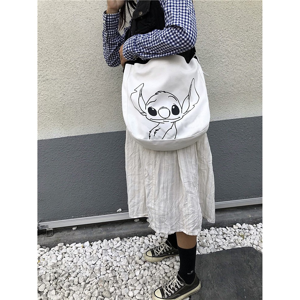 Túi tote đeo chéo unisex vải canvas trắng họa tiết chuột STITCH T27