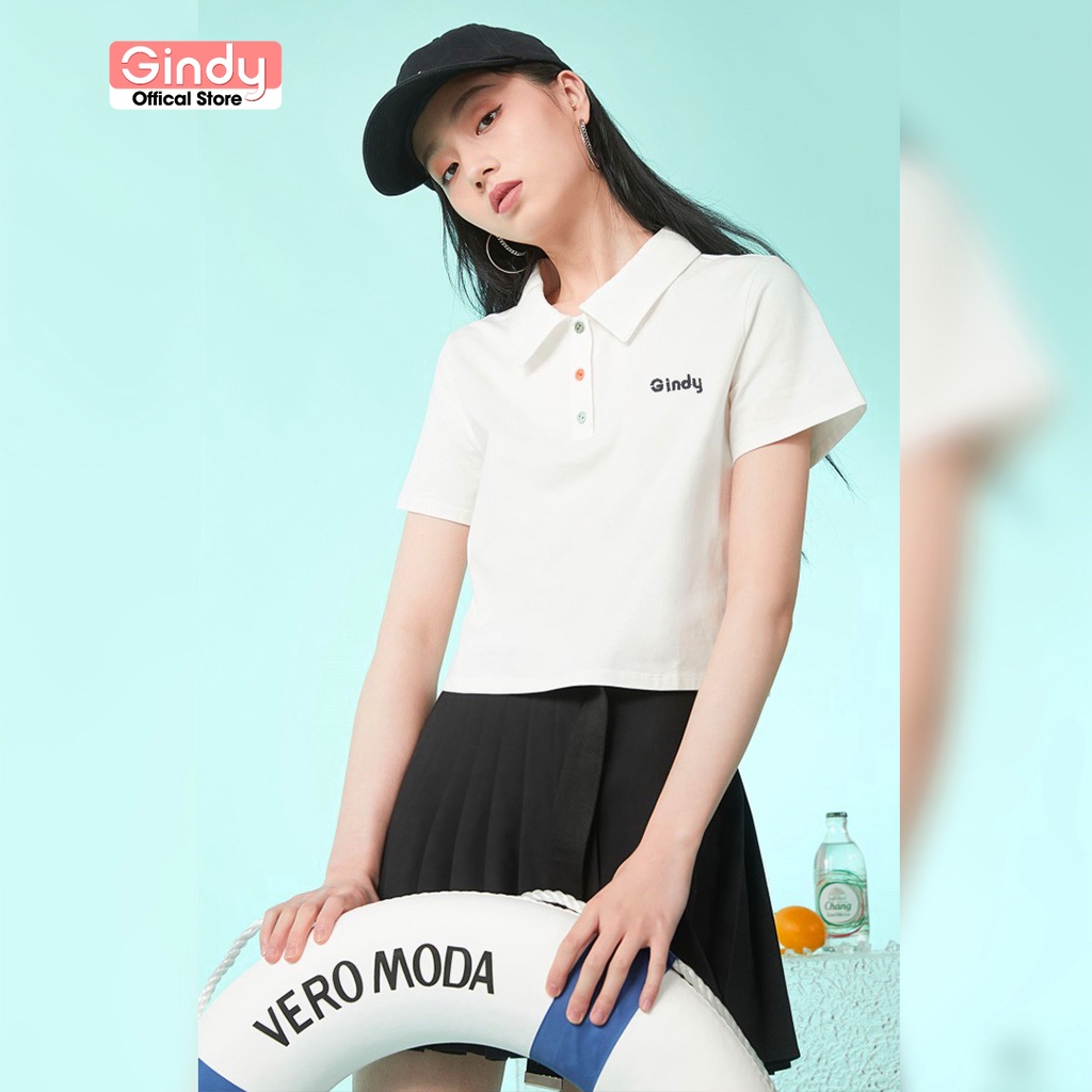 Áo thun phông nữ polo GINDY cúc màu sắc 3 màu cổ bẻ cotton tay lỡ basic dáng lửng unisex vải cotton thoáng mát A8110