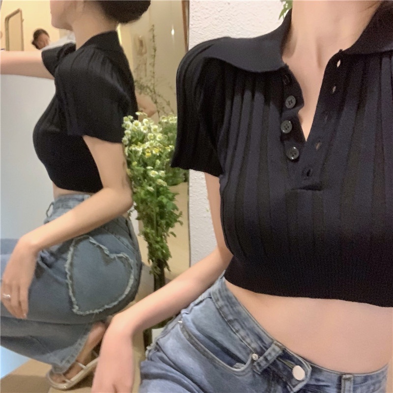 Porozi  Áo thun polo tay ngắn 4 màu tùy chọn phong cách Hàn Quốc thời trang cho nữ