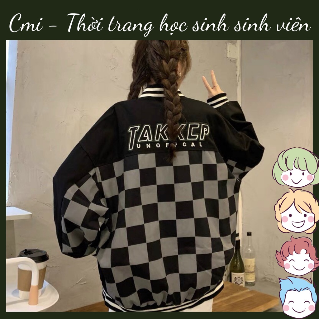 Áo bomber nam nữ Takeep form rộng unisex - Áo khoác dày dặn họa tiết cờ caro thời trang hàn quốc