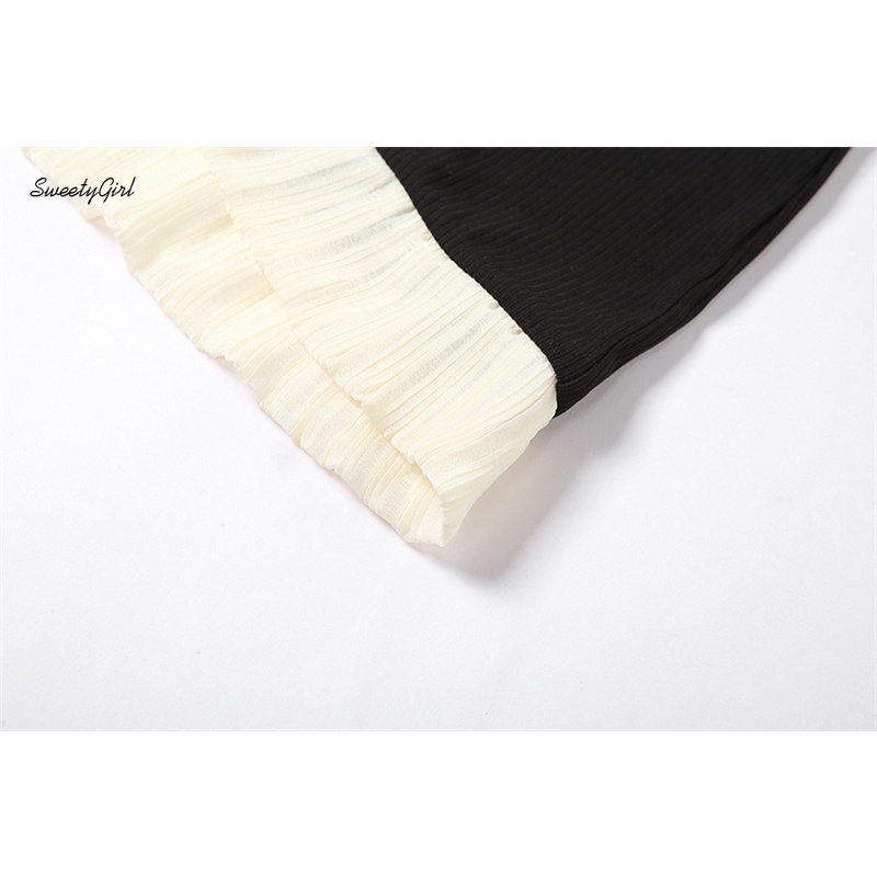 Đầm Mini Tay Ngắn Phồng Cổ Chữ V Màu Tương Phản Thời Trang 2022 Cho Nữ