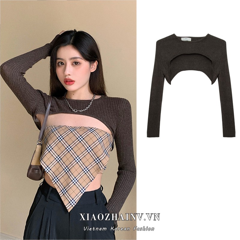 Xiaozhainv Áo sweater tay dài/Áo ống kẻ ca rô phong cách Hàn Quốc trẻ trung cho nữ (bán lẻ)