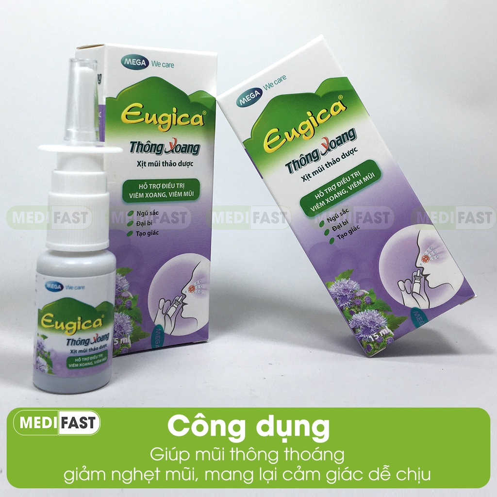 Xịt thông xoang Eugica Lọ 15ml - Hỗ trợ giảm viêm mũi, xoang từ tinh dầu hoa Ngũ sắc