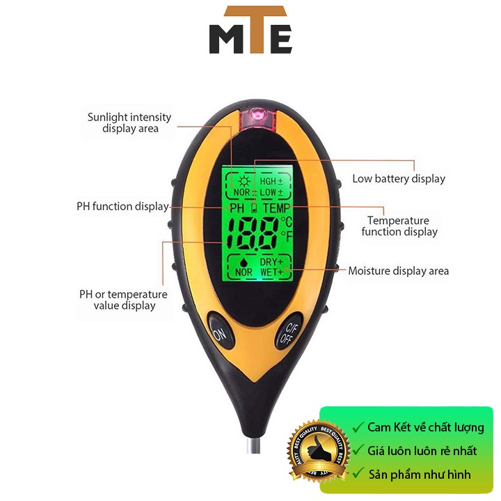 Máy đo PH, độ ẩm của đất, đo nhiệt độ, cường độ ánh sáng môi trường hiển thị LCD- KÈM PIN