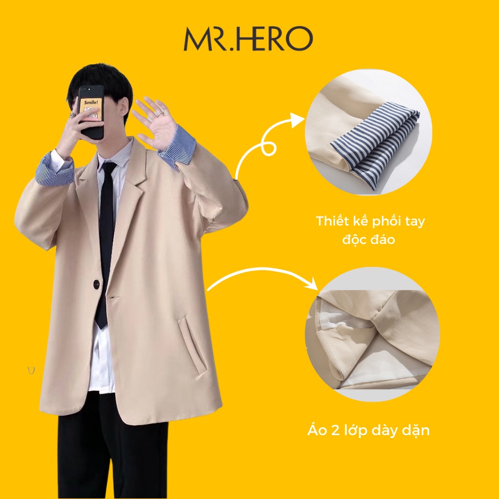 Áo blazer nam form rộng MrHero phối cổ tay sành điệu Hàn Quốc Thời trang nam M.RO màu be đen- BZ12