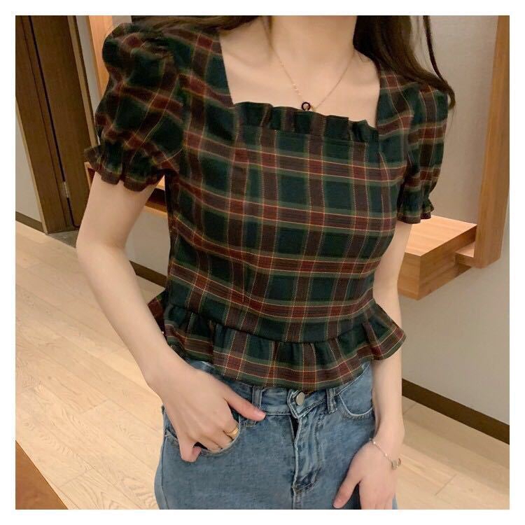 Áo Croptop Ngắn Tay Cổ Vuông Họa Tiết Sọc Caro Phong Cách Retro