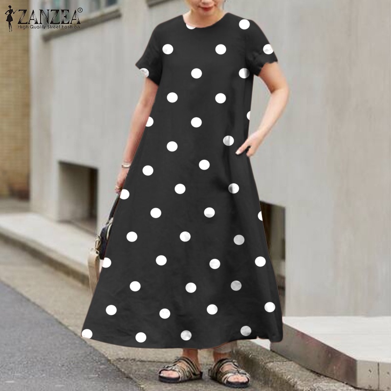 ZANZEA Đầm Ngắn Tay Cổ Tròn Họa Tiết Chấm Bi Thời Trang Dành Cho Nữ