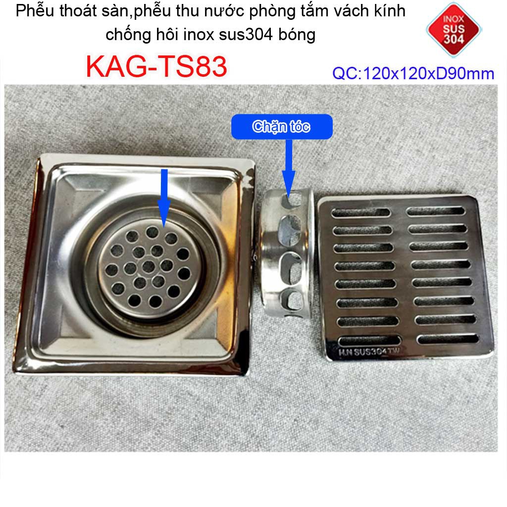 Phễu thoát sàn 12x12cm KAG-TS83(D9cm) inox 304 ga thoát sàn12x12cm cho ống 90mm, thoát sàn mặt sọc thoát nhanh chặn tóc