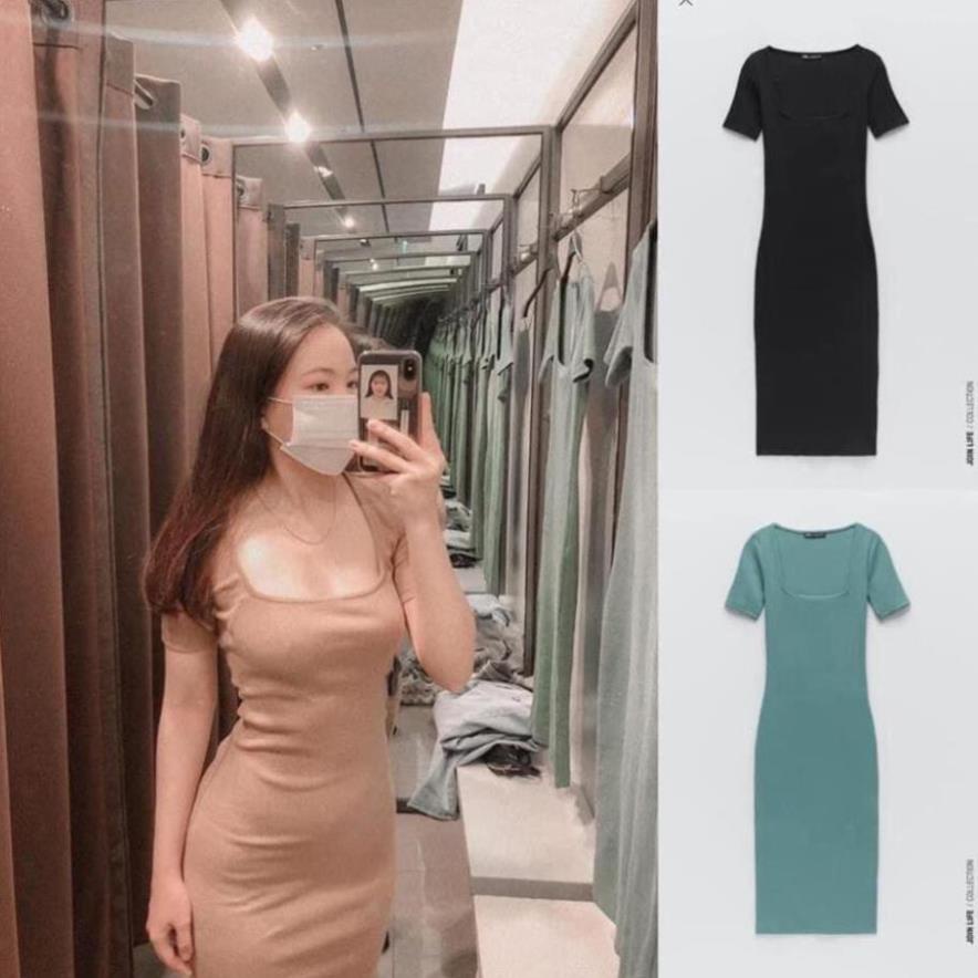 Váy Body Len Tăm Cổ Vuông, Dáng Dài Cộc Tay