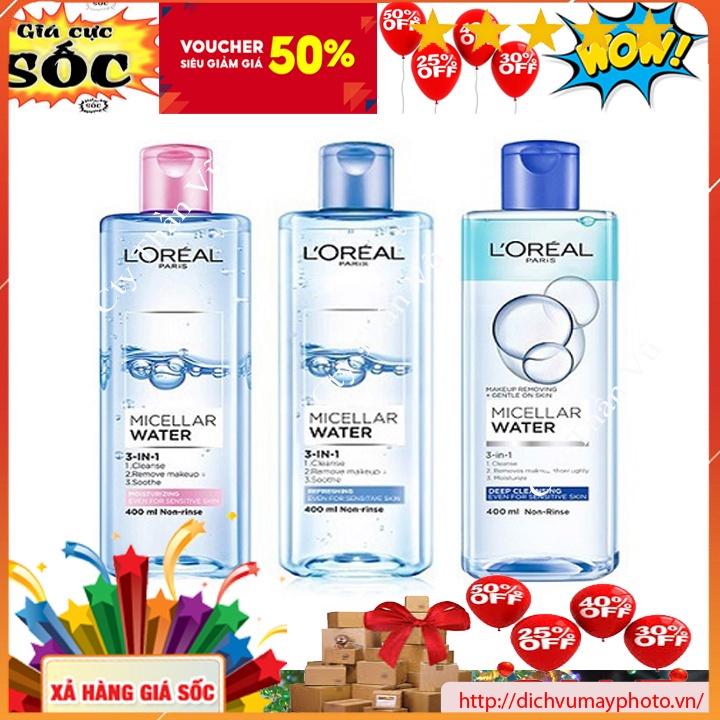 Nước Tẩy Trang L’Oreal Paris 3-in-1 Micellar Water 400ml  Không Cồn,Không Hương Liệu, Không Kích Ứng Da