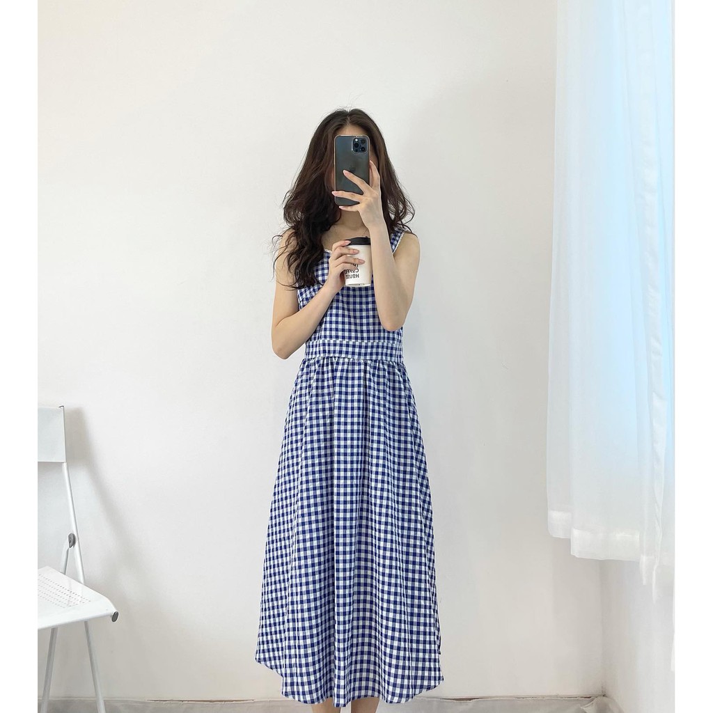 (FRESHIP) Đầm 2 dây caro xanh dương suông dài nơ sau lưng