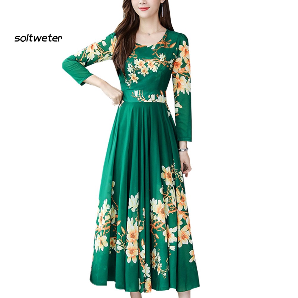 Đầm Maxi Hoa Tay Dài Cổ Tròn Thời Trang Dành Cho Nữ