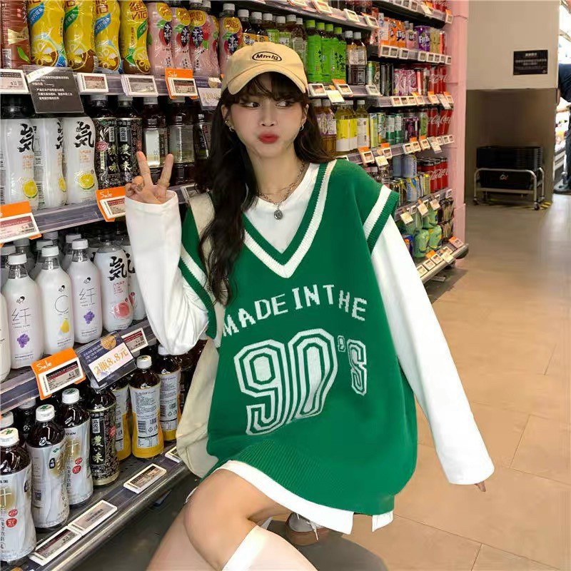 Áo len gile nữ , dáng HQ suông, chữ 90