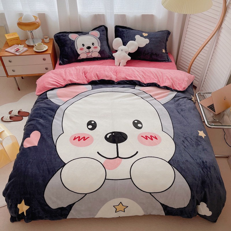 Bộ Chăn Ga Gối Nỉ Nhung 3D Miha Bedding phong cách Hàn Quốc Drap Giường Đủ Kích Thước Bọc Đệm (Không Kèm Ruột)