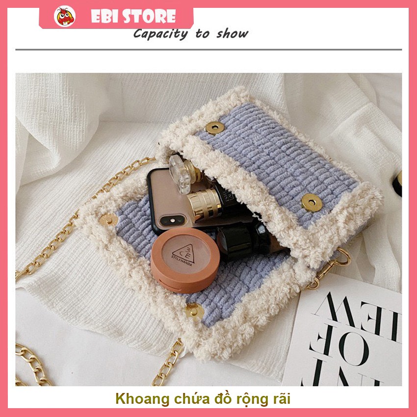 Túi Handmade Viền Xù ❤️ Ebi Store - Freeship ❤️ Túi Len Tự Đan Phối Màu Sành Điệu, Nguyên Set Phụ Kiện