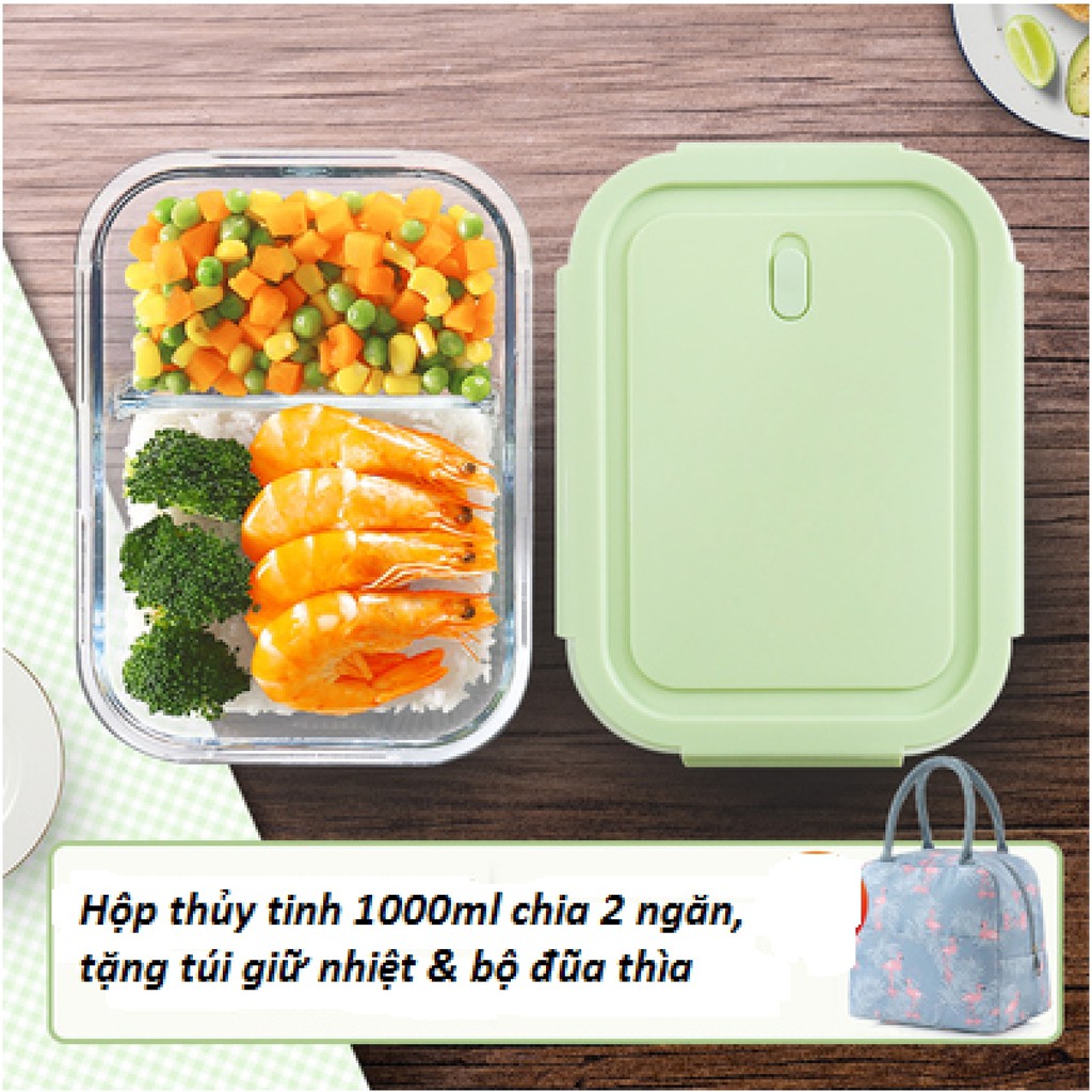 [Mã LIFEHOT55 giảm 10% đơn 99K] Hộp cơm văn phòng thủy tinh chia ngăn chữ nhật 1000ml dùng được lò vi sóng