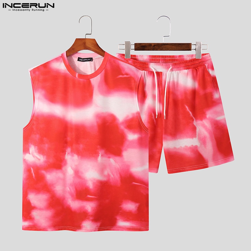 Bộ áo ba lỗ + quần đùi hoạ tiết màu nhuộm thời trang nam INCERUN