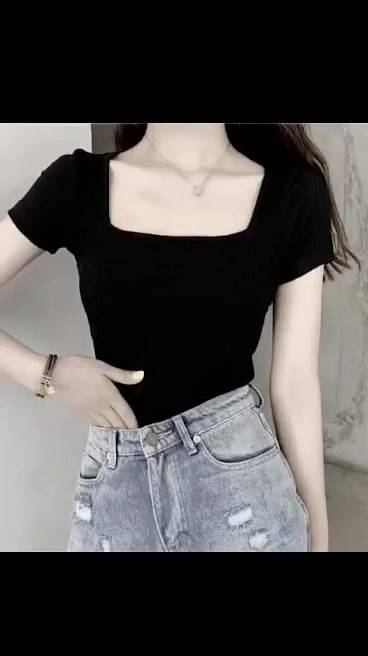 Áo thun croptop nữ tay ngắn MADELA cổ vuông ôm body, croptop cổ vuông ngắn tay trơn basic | BigBuy360 - bigbuy360.vn