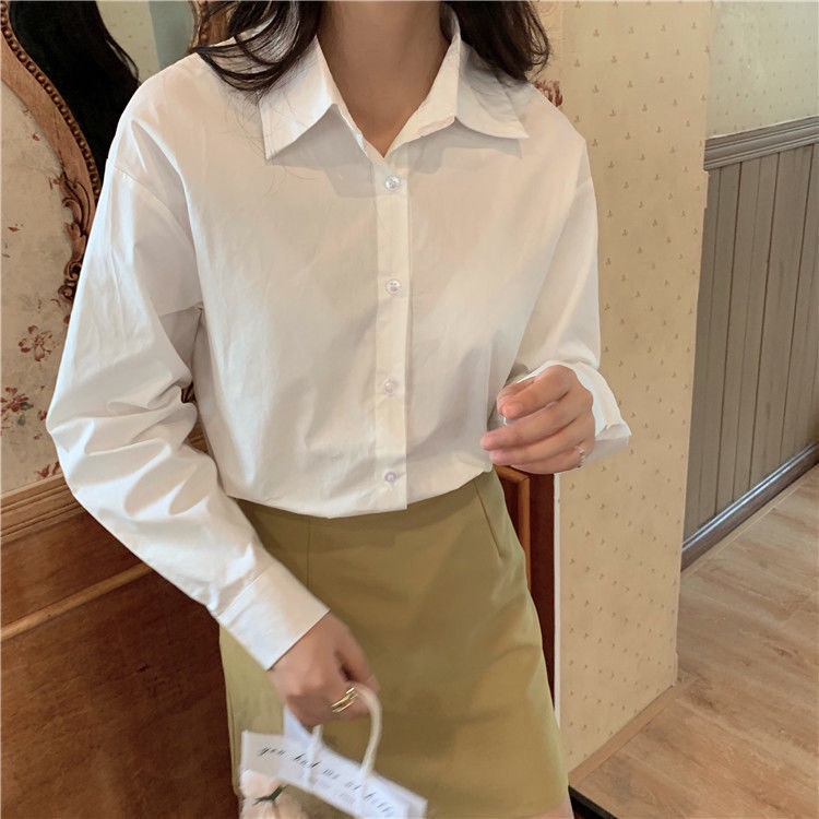 Áo sơ mi trắng tay dài dáng rộng phong cách Hàn Quốc mới dành cho nữ